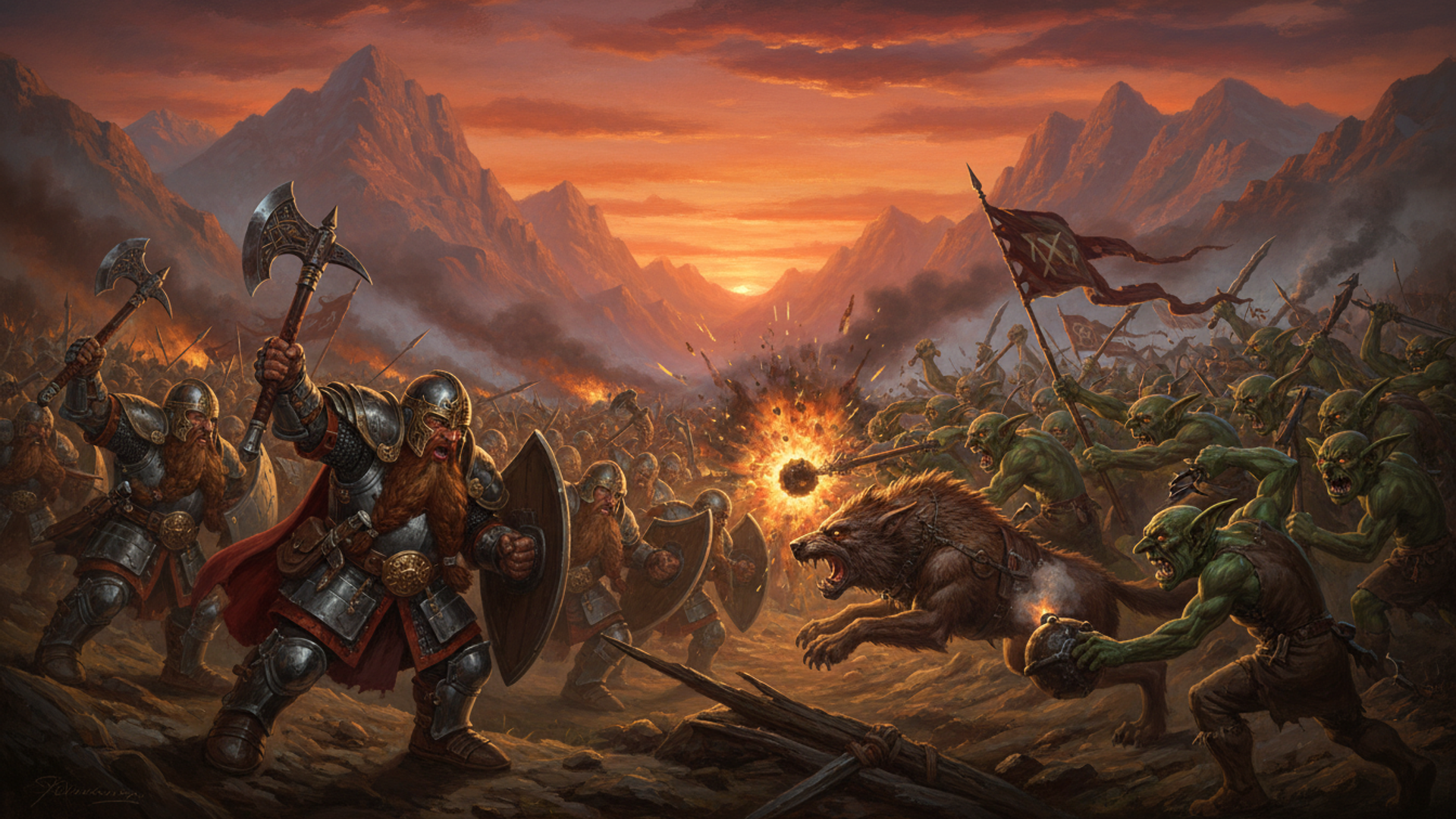 A dwarf shield line and a goblin horde charging each other across a mountain pass at sunset, a bomb bursting between them