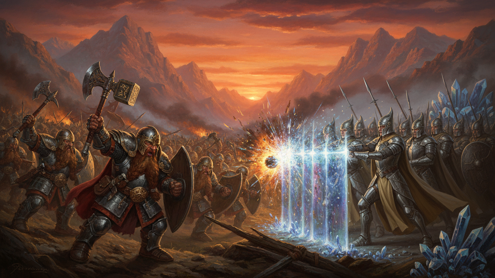 A dwarf lord swinging a rune hammer into a high elf shield wall at sunset, a crystal barrier shattering between the two lines