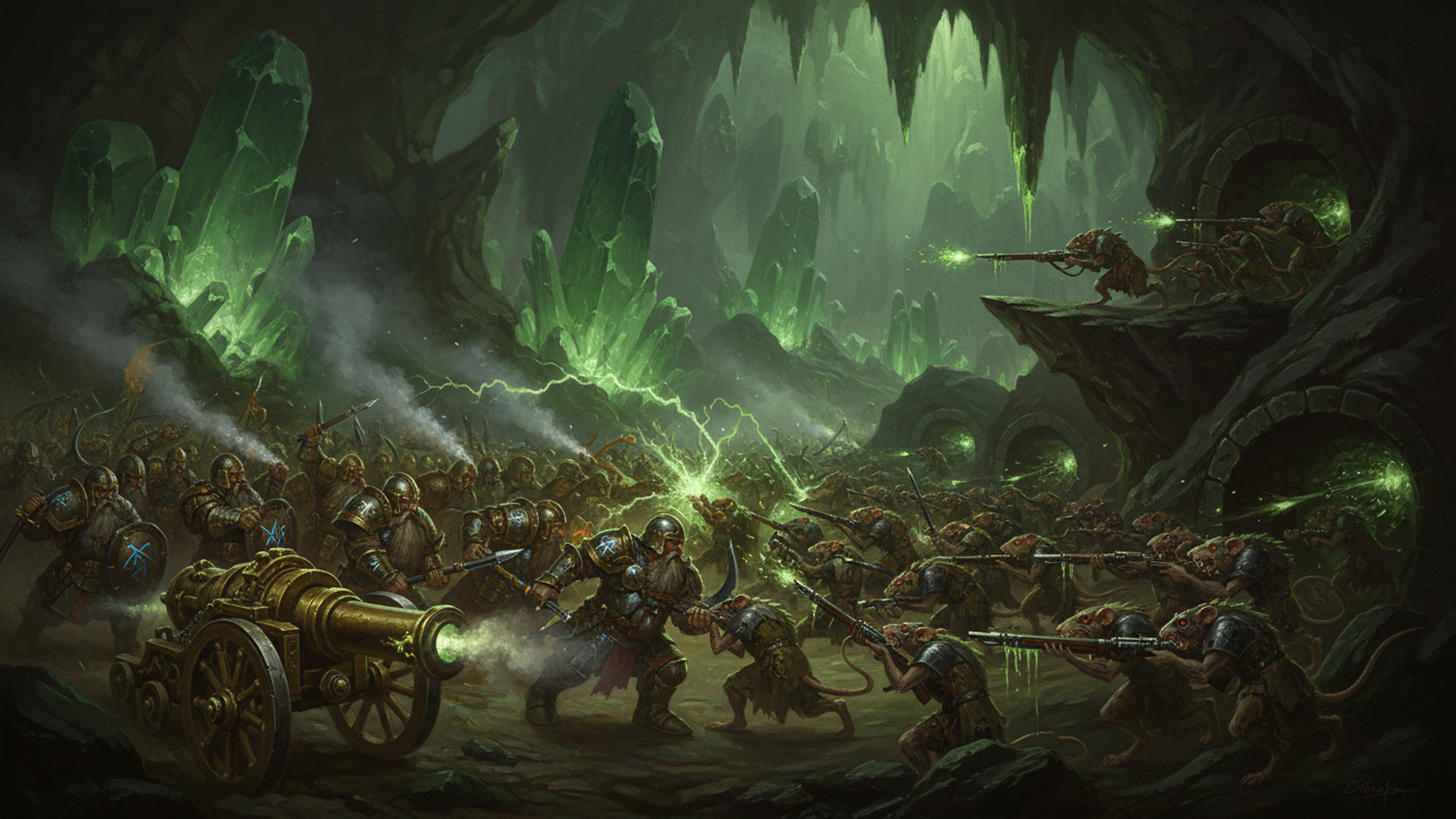Dwarf shield lines and a brass field cannon meeting a ratmen horde in a green-lit crystal cavern, dozens of bodies engaged at once