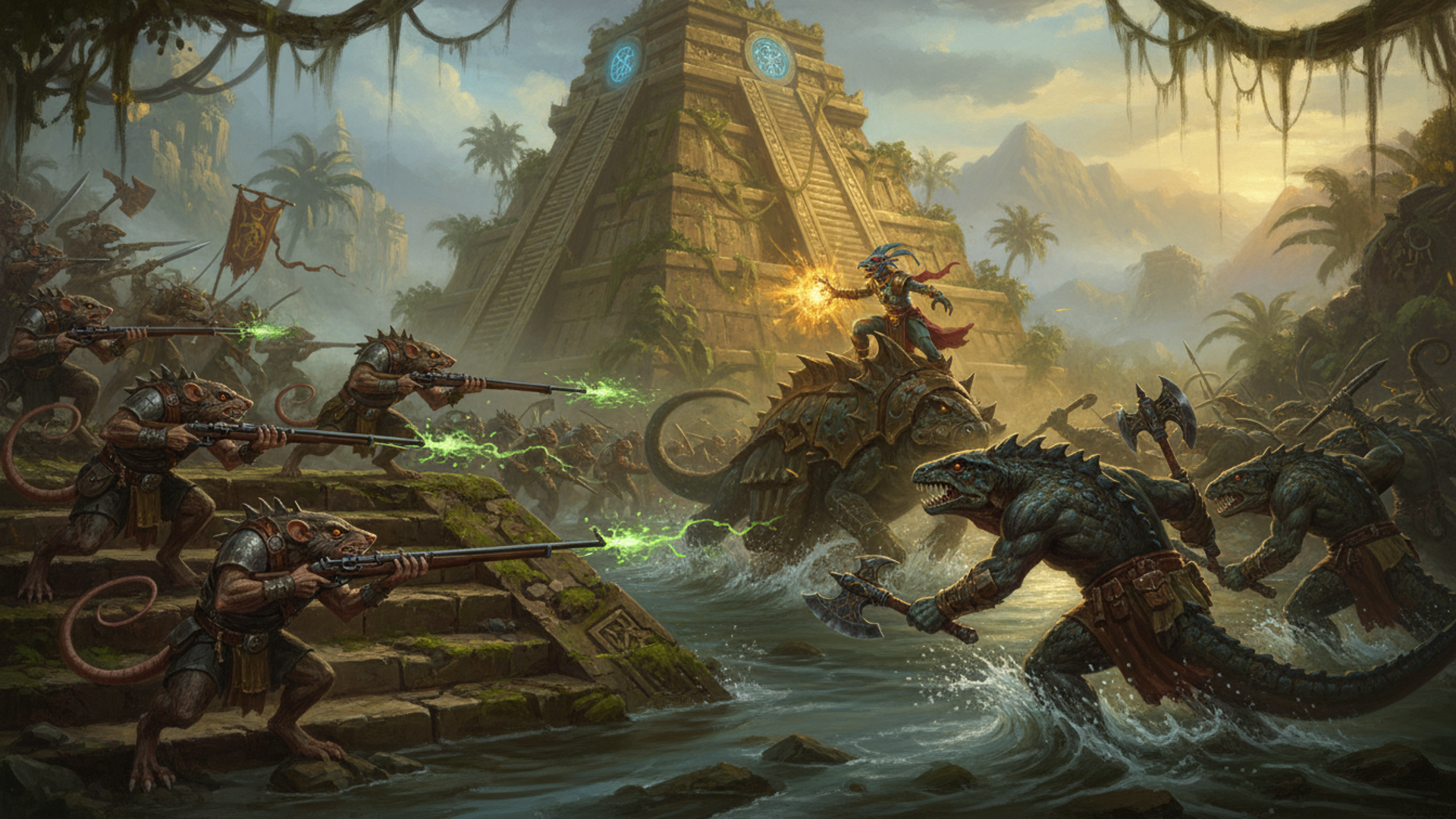 Ratmen jezzails firing across a river at a lizardmen warband, a temple pyramid behind them and a skink priest riding an armoured beast