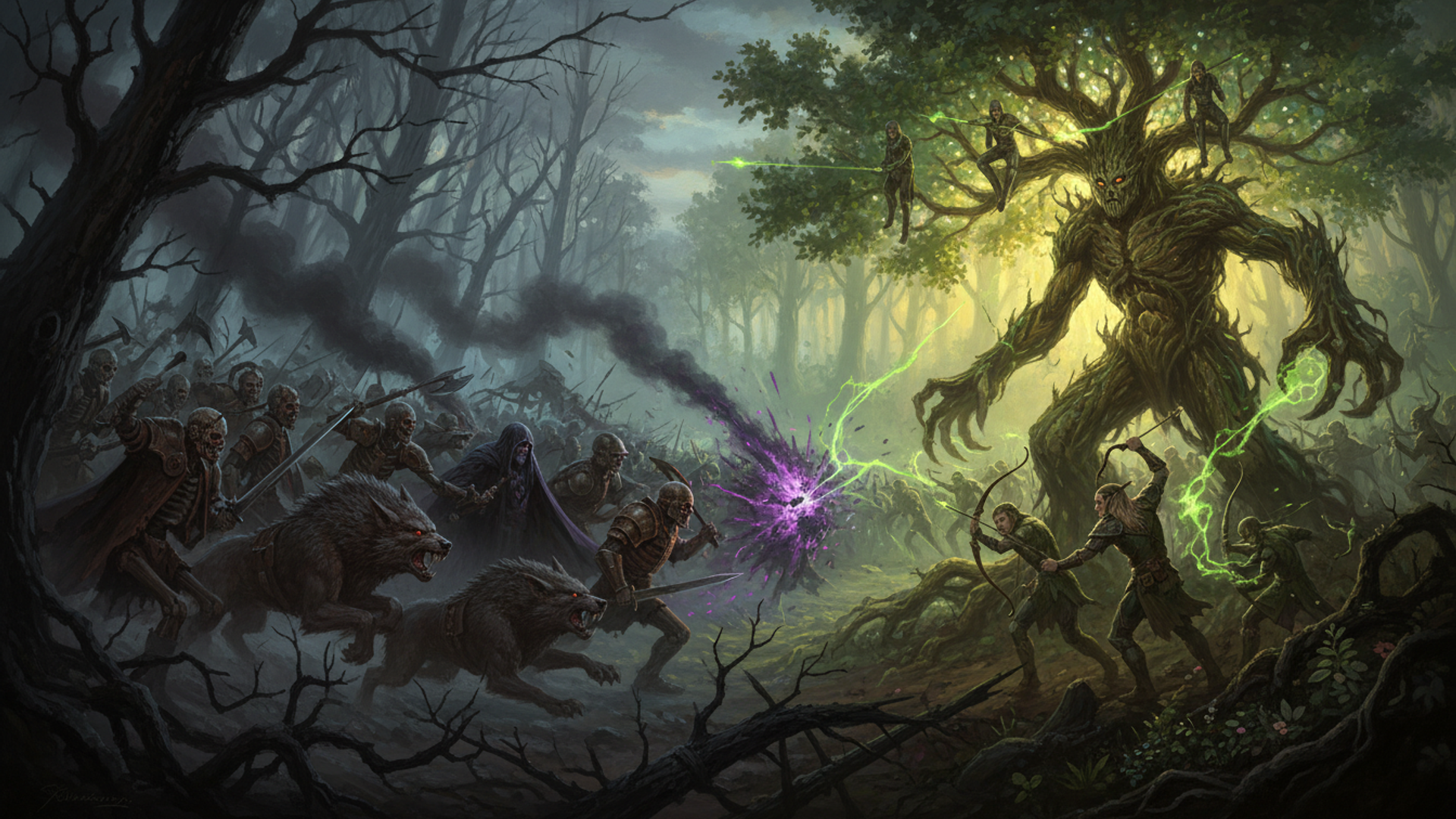 Skeletons and dire wolves pushing out of a dead wood into a sunlit grove where wood elf archers and a treeman meet them