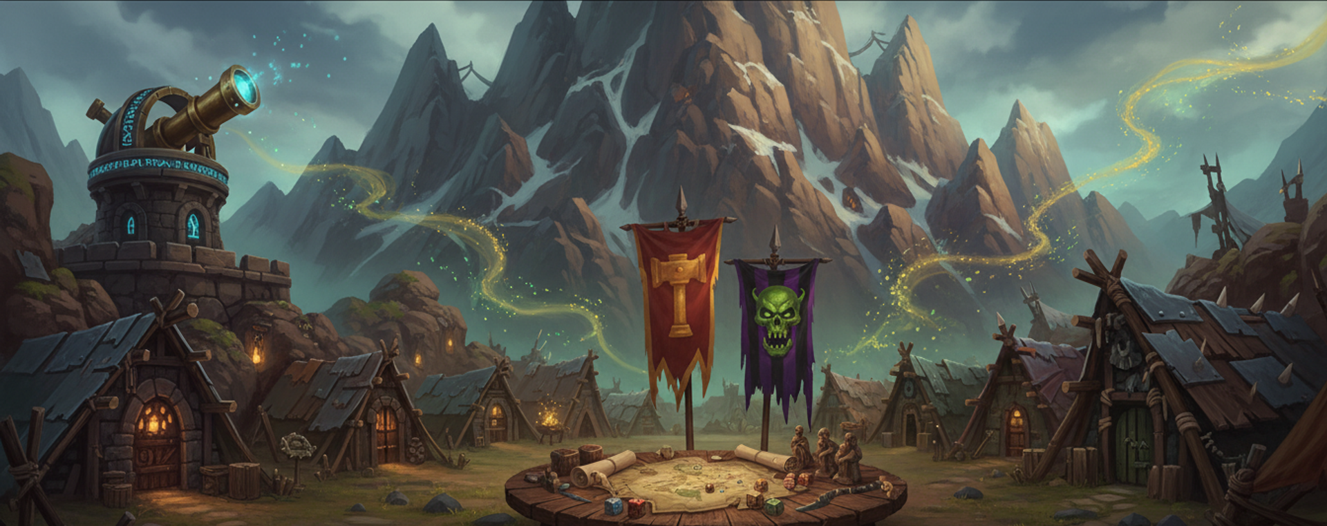 A dwarf camp of timber lodges and a rune-carved observatory pitched on open ground beneath sheer brown mountain ridges, with gold and green magic trails winding over the peaks
