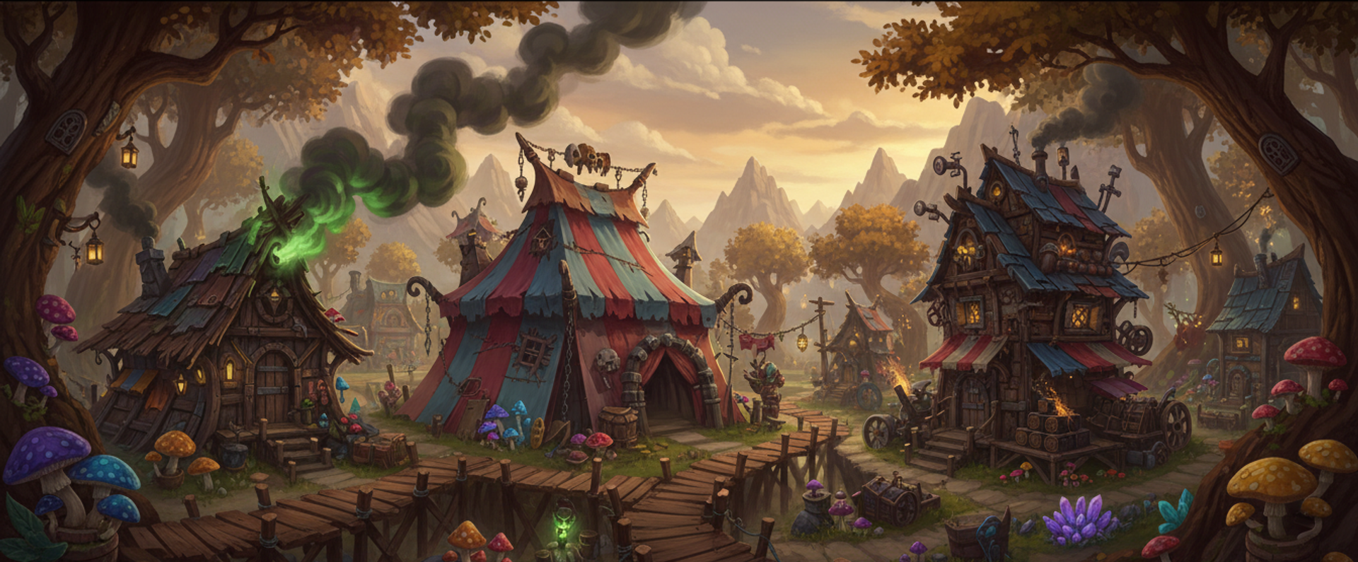A woodland trading camp of mismatched huts and a red-and-blue striped merchant tent, green alchemical smoke rising from one chimney, boardwalks and glowing mushrooms between the buildings