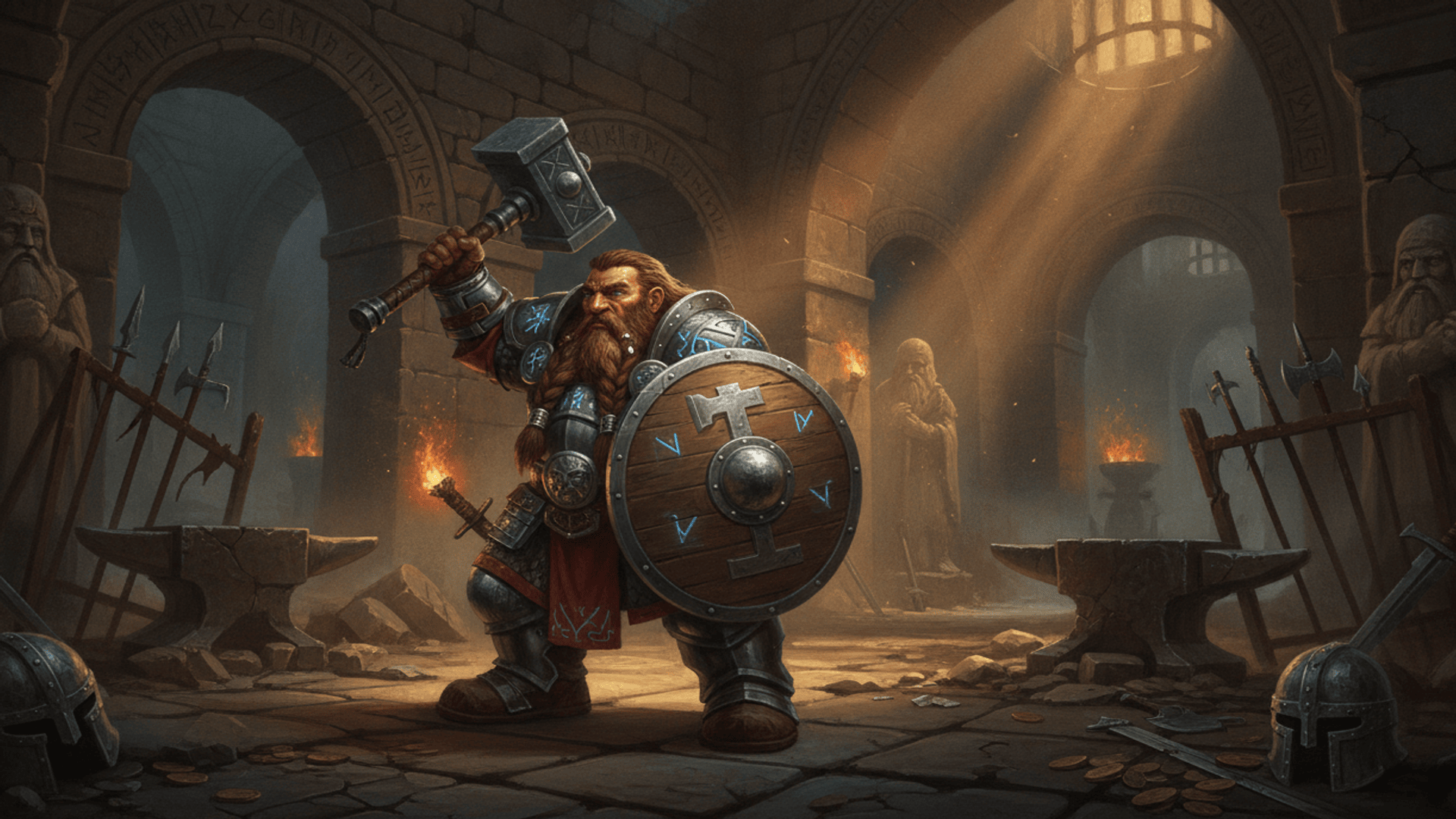 A dwarf champion in runed plate raising a warhammer in a torchlit stone hall, anvils and weapon racks around him and gold coins scattered on the flagstones