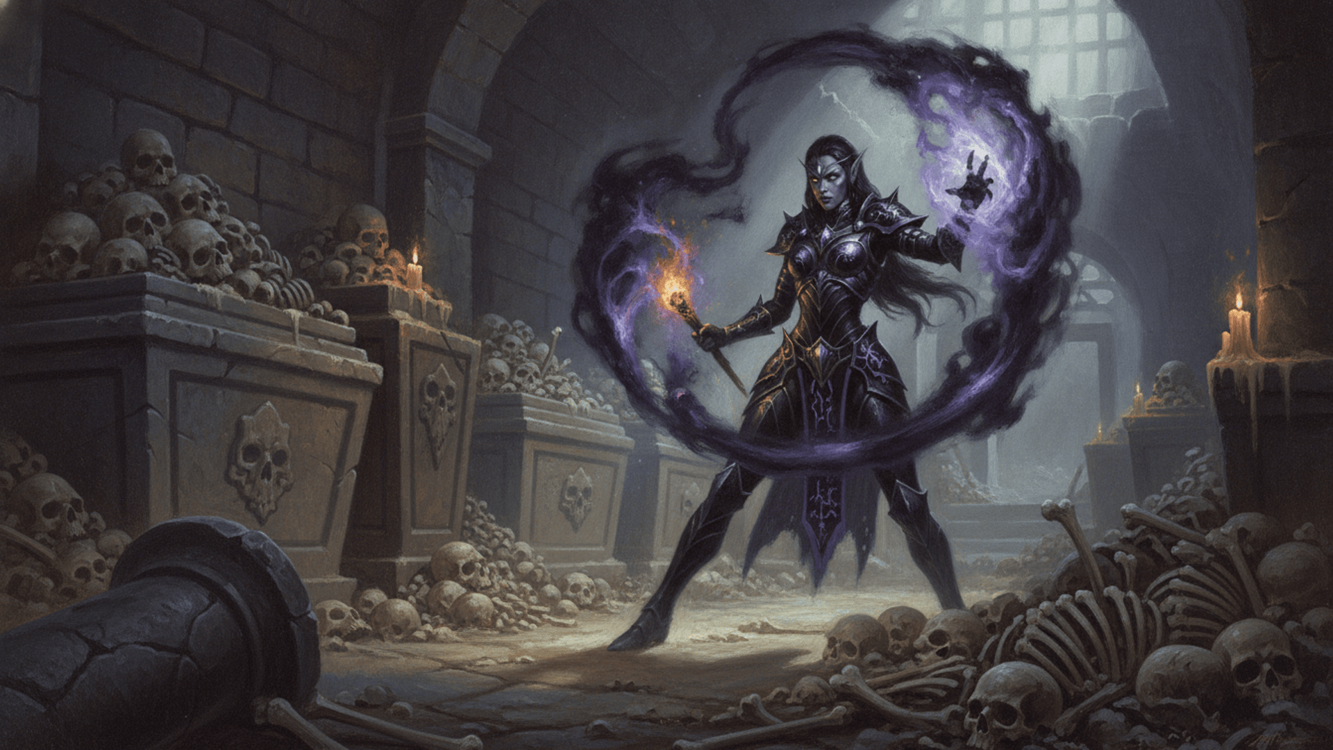 A dark elf sorceress in black plate wreathed in violet shadow, casting between skull-piled sarcophagi in a candlelit catacomb