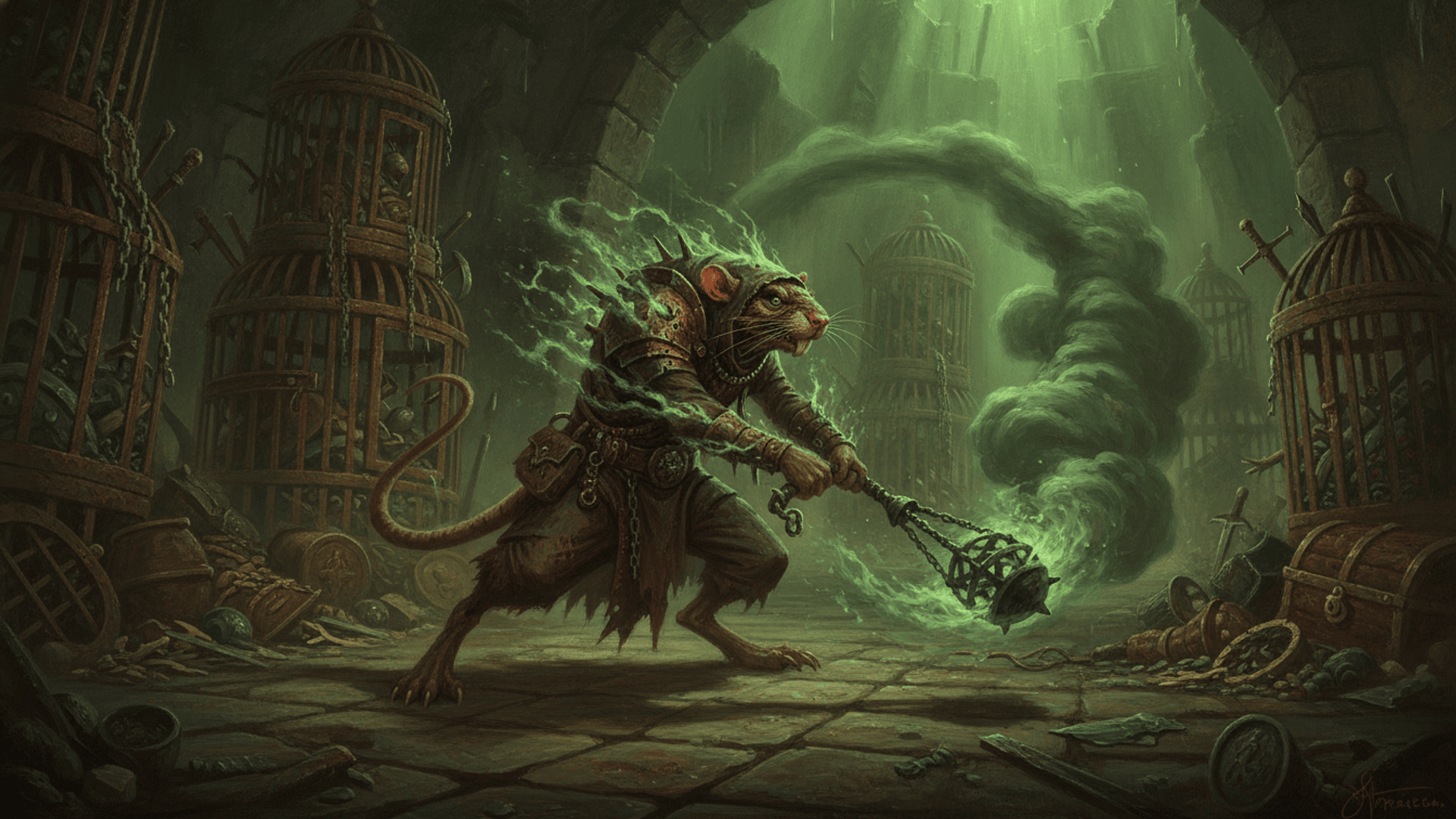 A ratmen warlock swinging a green-flaming flail in a vaulted undercity chamber, rusted cages and open treasure chests along both walls