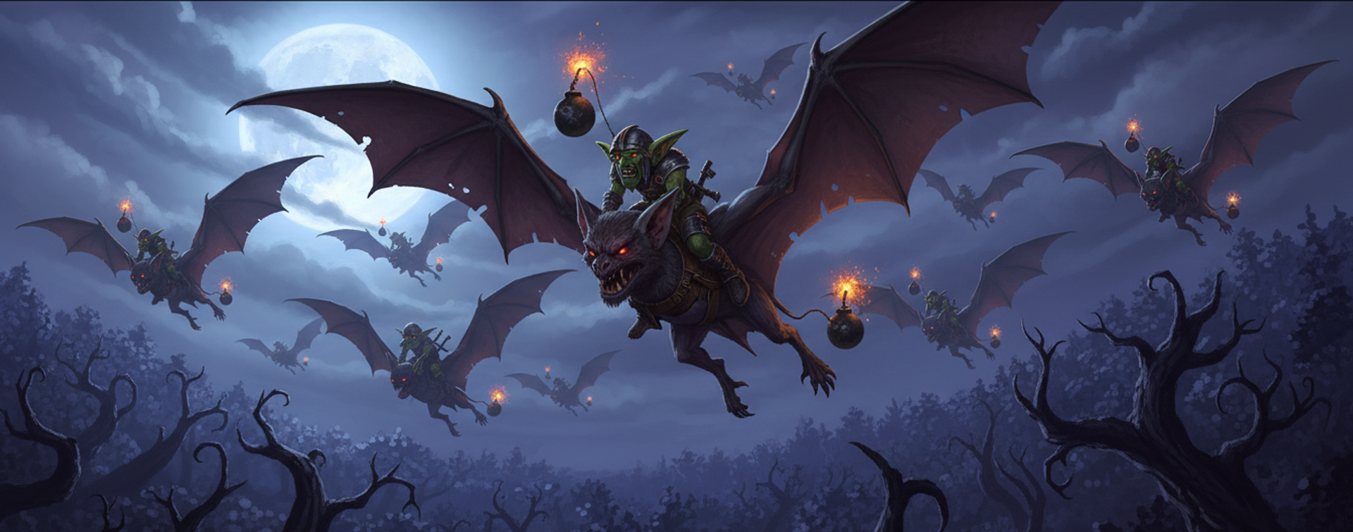 Goblin bat riders carrying lit bombs across a moonlit sky above dead trees, eight bats in the same wing cycle