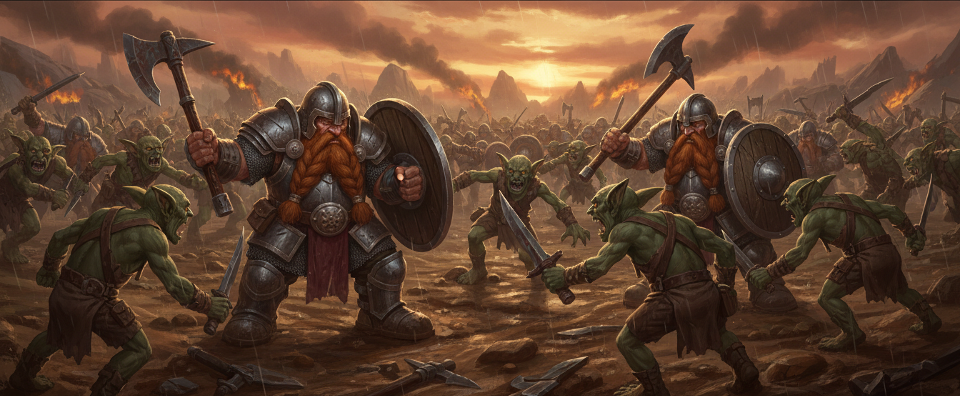 An epic clash between dwarven and goblin armies