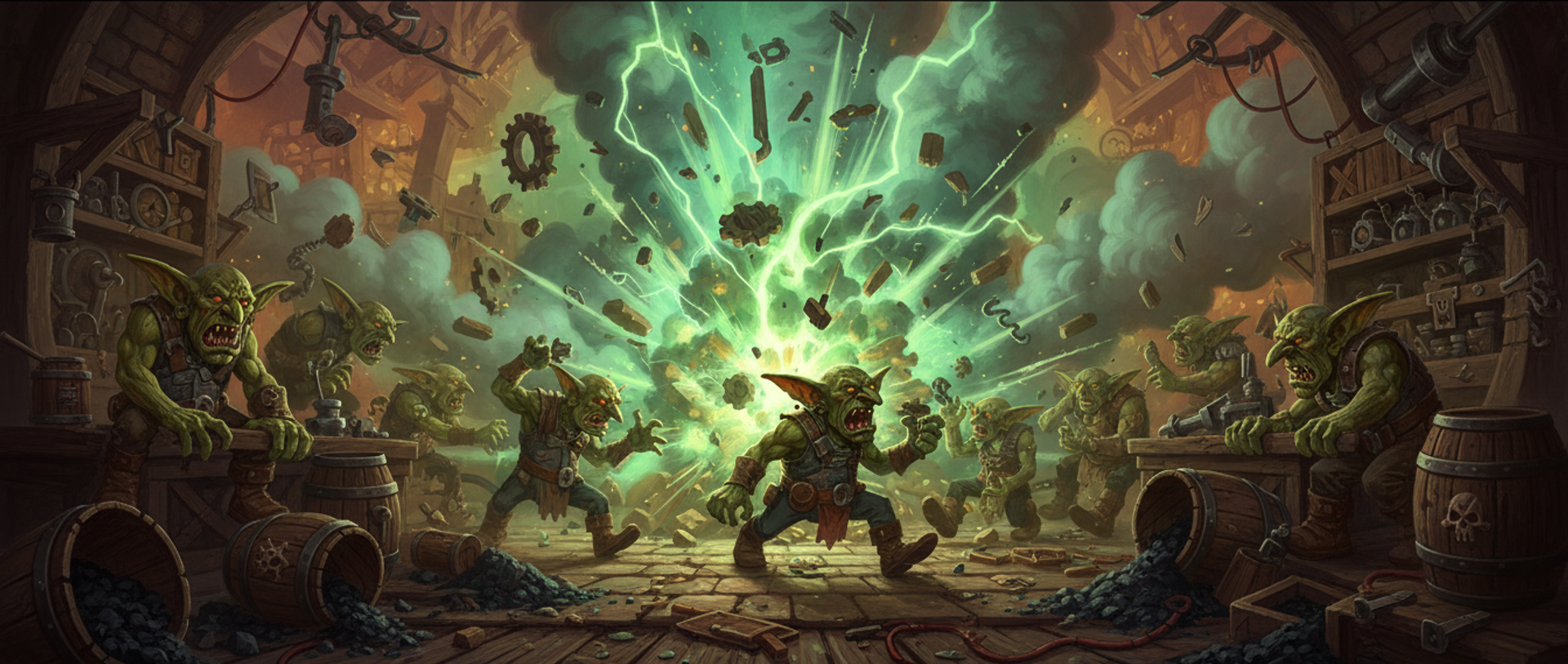 A goblin workshop mid-explosion, green lightning and flying gears with the crew scattering in every direction