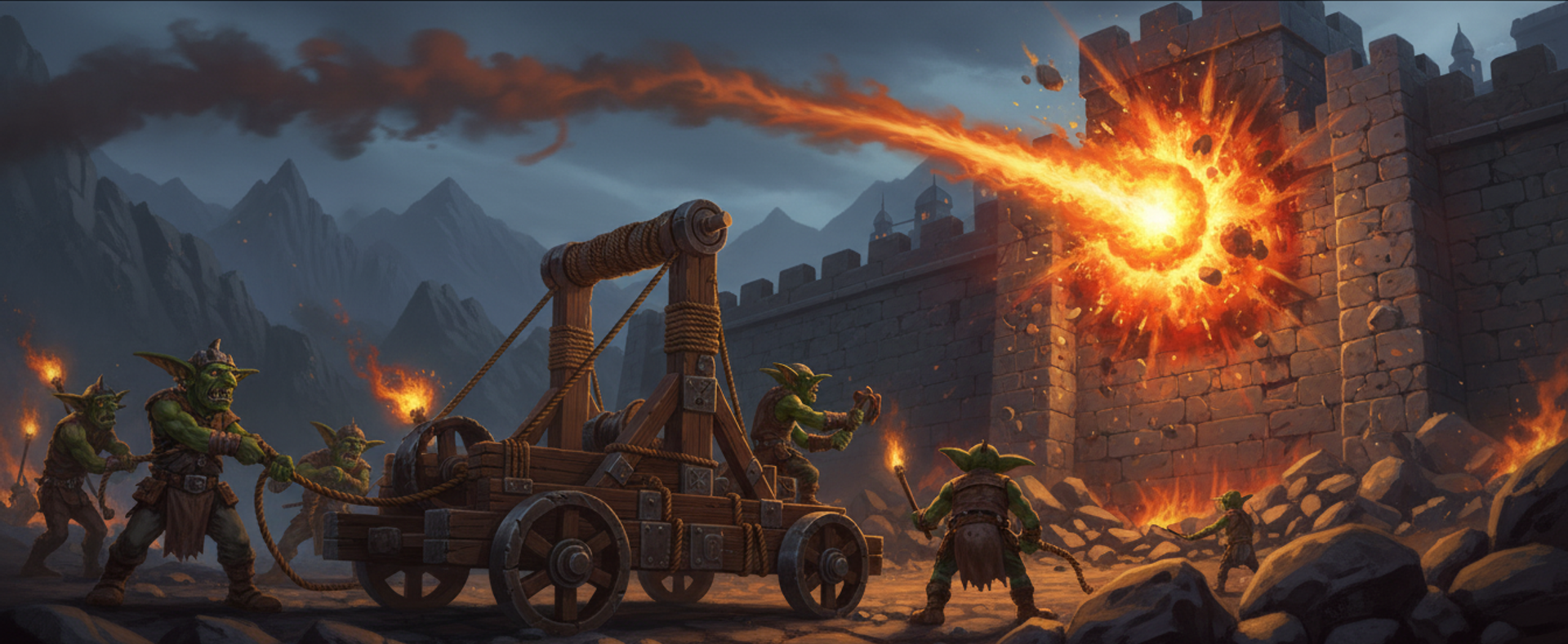 A goblin crew firing a catapult at a stone wall by night, the shot bursting into flame against the masonry