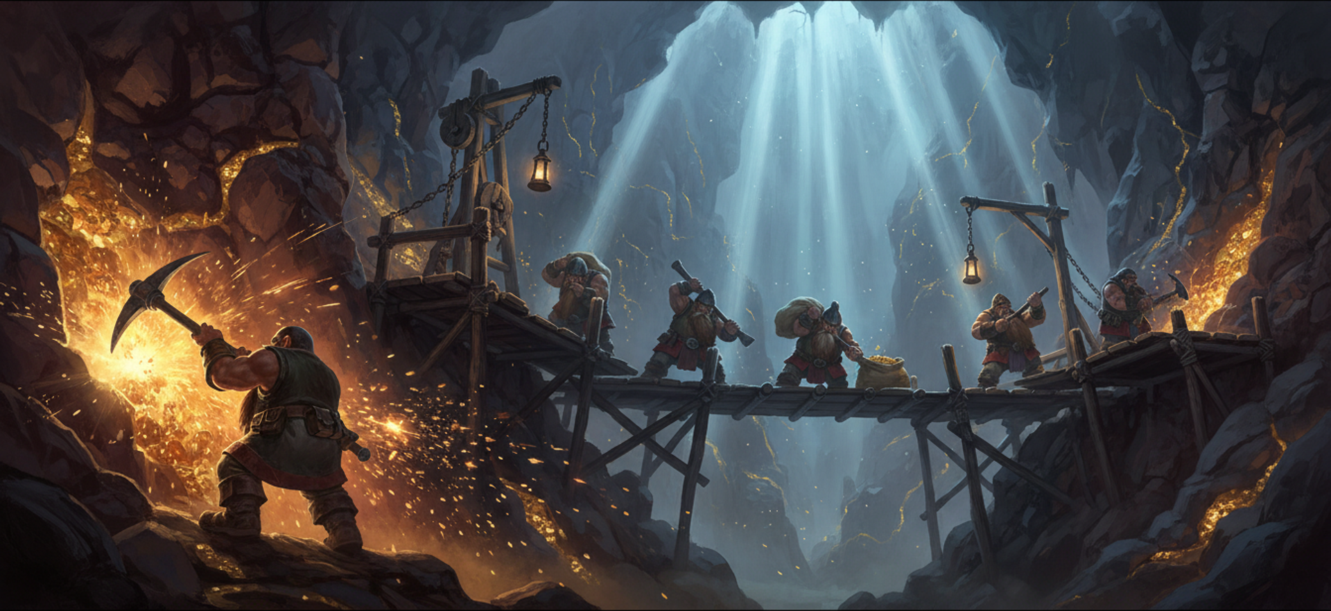 Dwarf miners cutting into a glowing gold seam underground while others carry ore sacks along a timber bridge