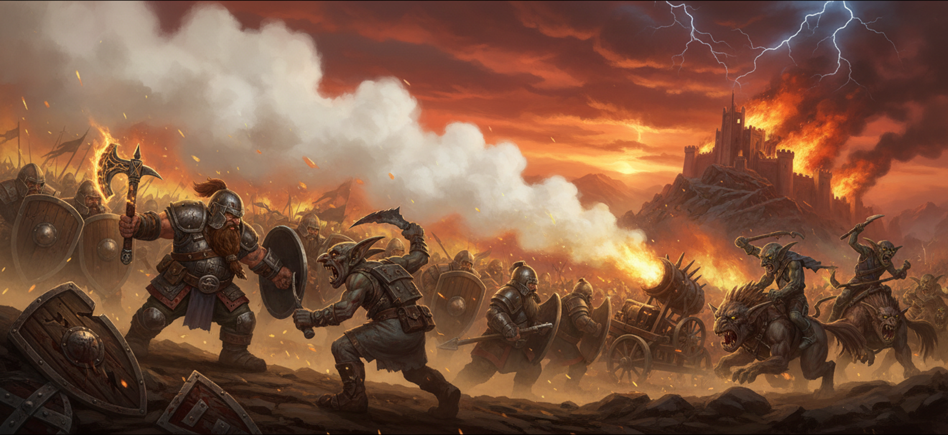 Dwarf shield lines meeting goblins and warg riders across a smoke-covered field at sunset, a burning fortress on the ridge behind