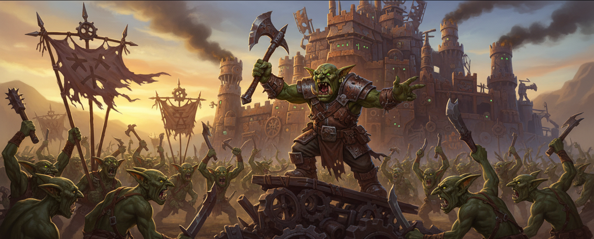 A goblin warcamp at dusk: a green-skinned warboss on a broken siege engine raising an axe over a cheering horde, tattered banners around him and a fortress of salvaged timber and iron with green lights in its windows behind