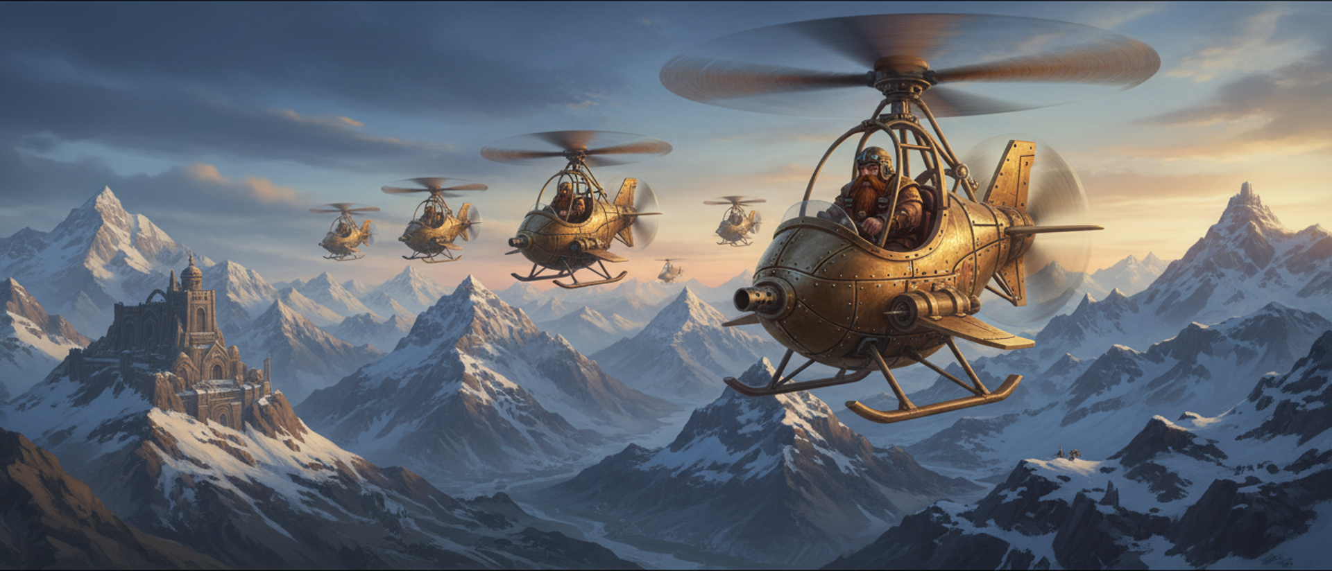A flight of dwarf gyrocopters over snow-capped mountains at dusk, a hold carved into a peak on the left