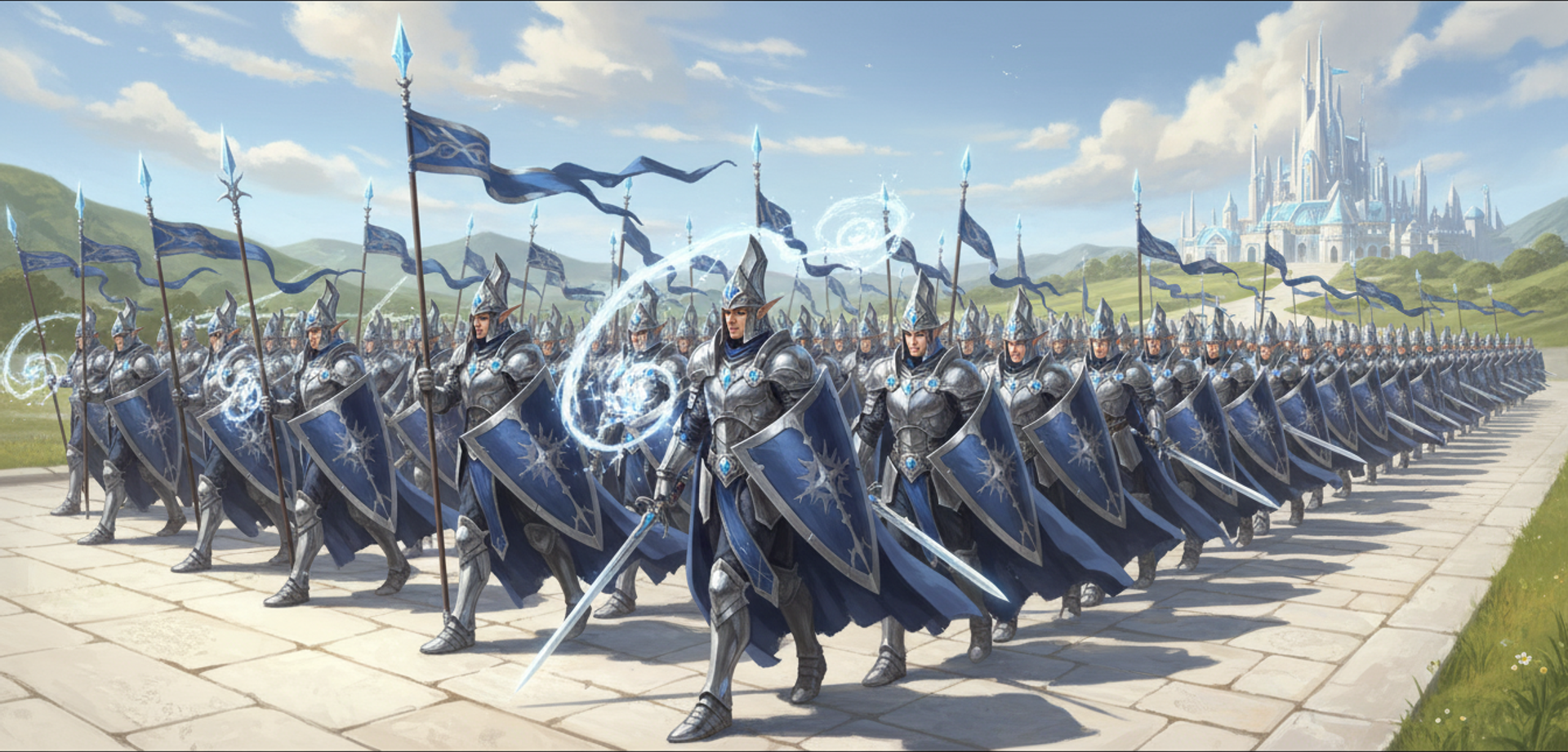 A high elf column marching in ranks, dozens of near-identical spearmen receding into the distance under blue banners