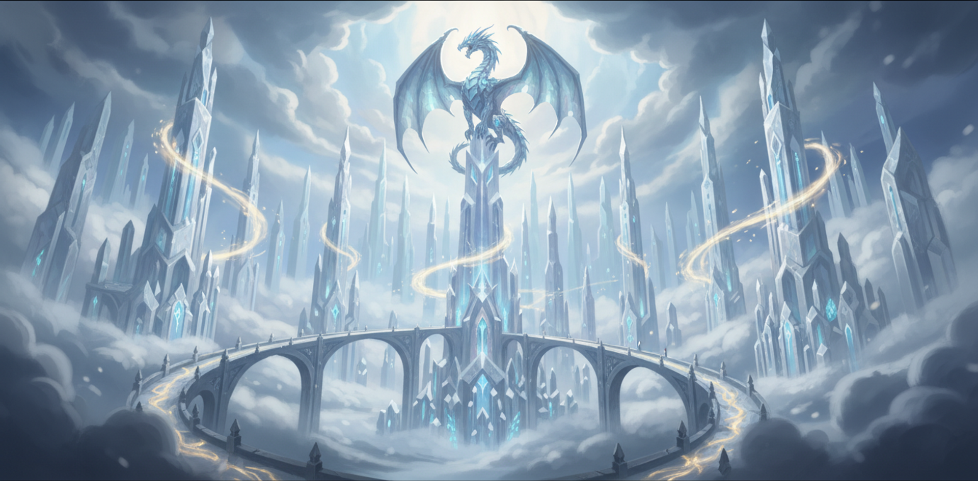 A city of white crystal spires above the clouds, ribbons of golden light spiralling between them and a crystal dragon perched on the tallest tower