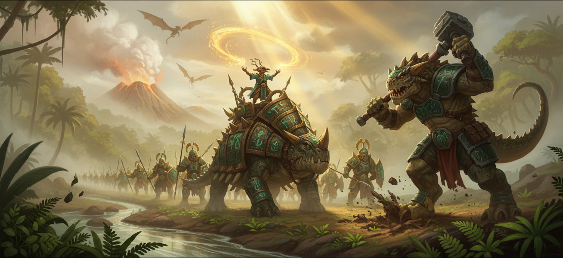 A lizardmen column marching out of a jungle valley, a huge armoured kroxigor in the foreground and a line of spearmen receding into mist toward an erupting volcano