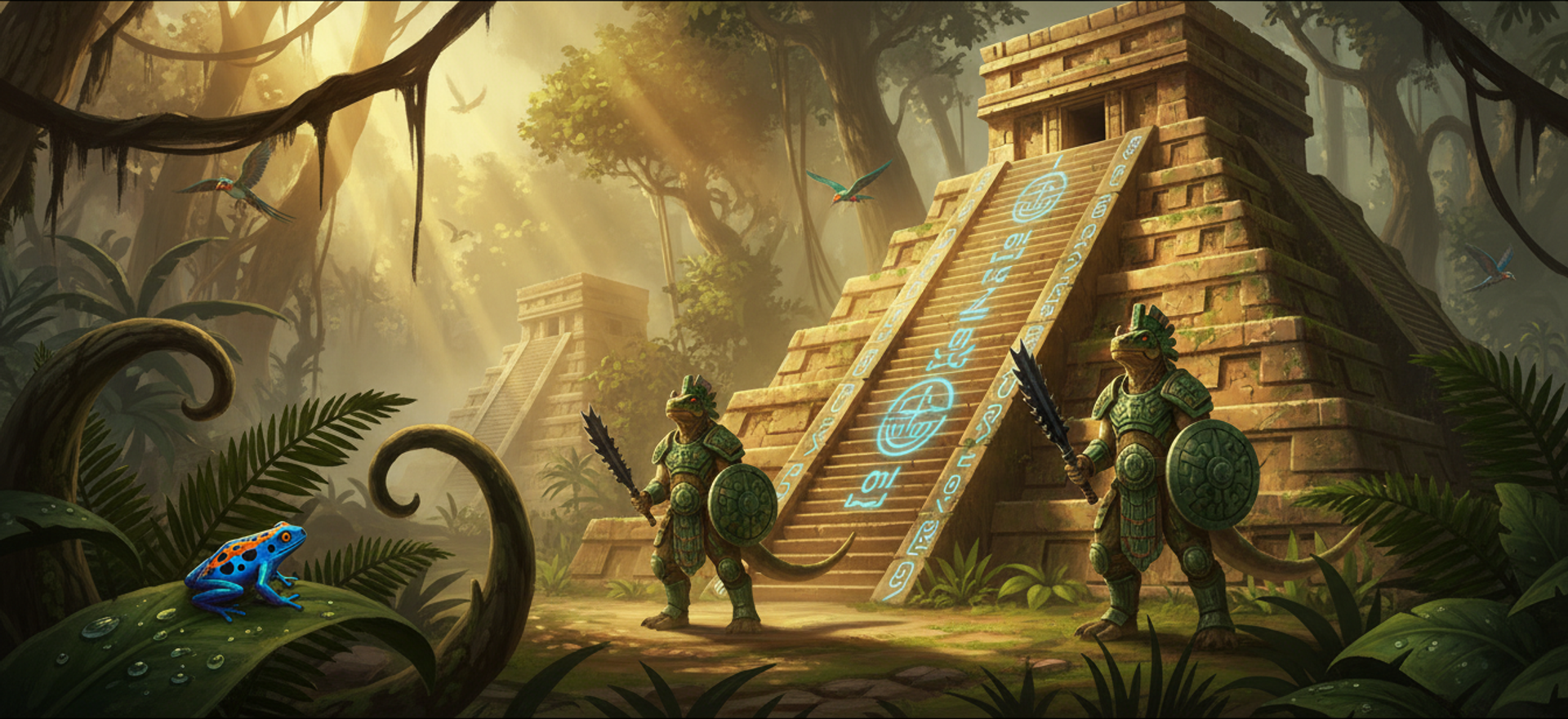 A lizardmen step pyramid in dense jungle, two saurus guards on the steps and glowing glyphs running up the stonework