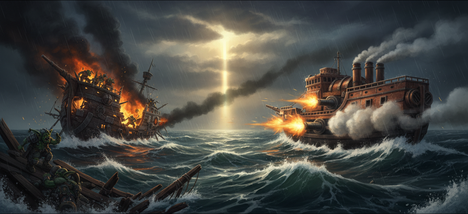 Two fleets trading broadsides in a storm, an ironclad closing on a goblin barge under low cloud