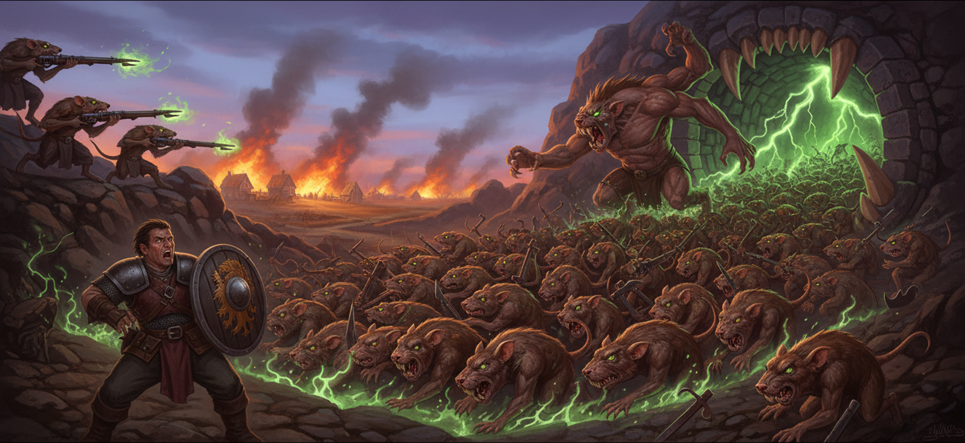 Skaven-style ratmen pouring out of a stone tunnel mouth lit with green warp lightning, a rat ogre leading them, one human shieldman braced alone against the charge