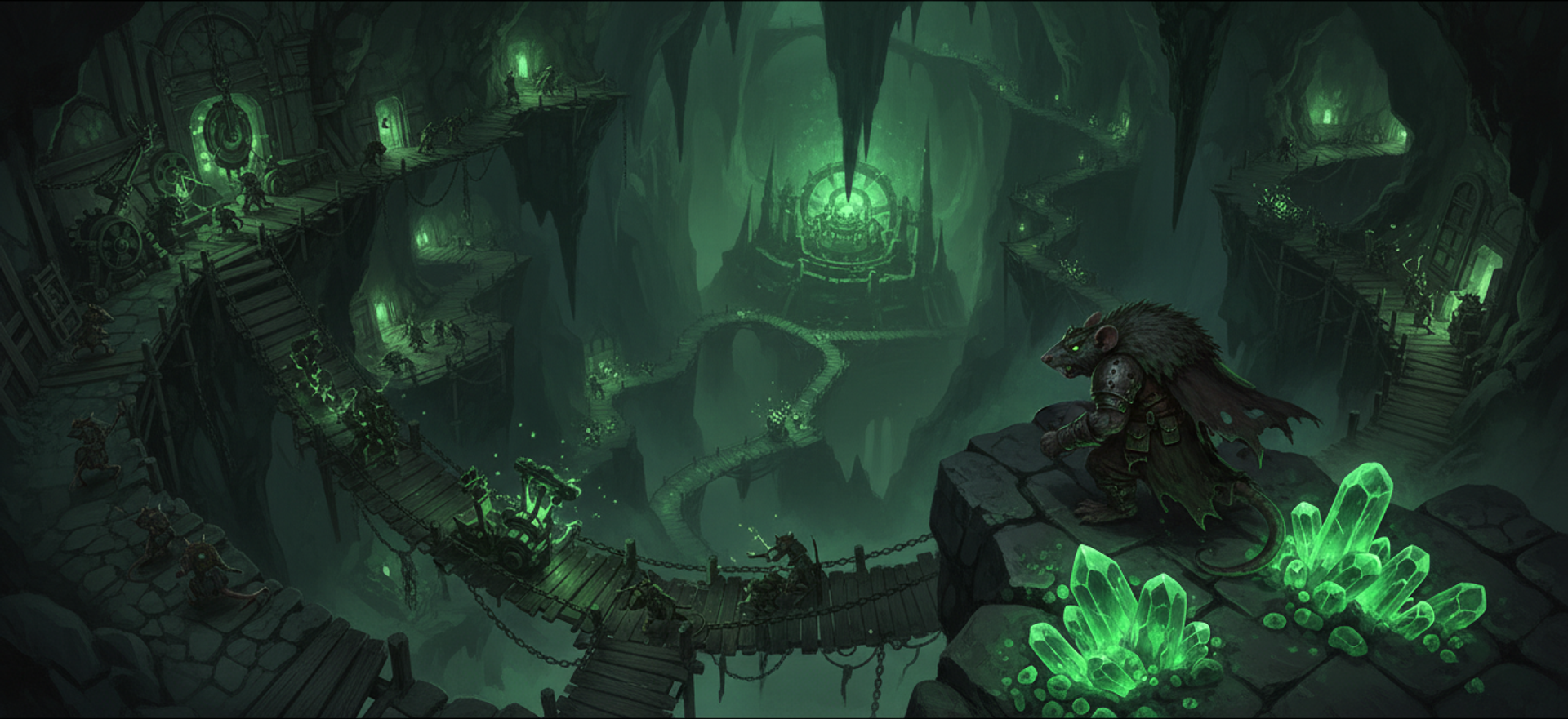 A ratmen underhive of rope bridges and walkways strung across a green-lit cavern, dozens of separate routes between the levels