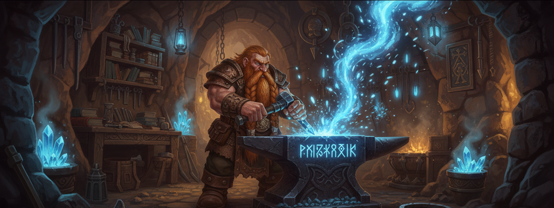 A dwarf runesmith hammering a glowing blue rune into a blade on a runic anvil, crystals and tools lining the cave workshop around him