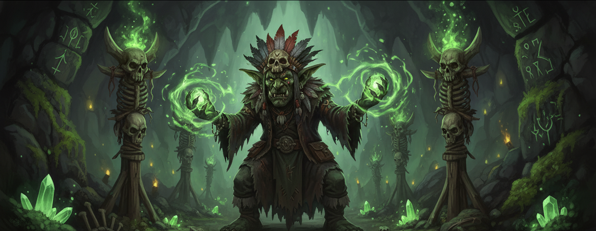 A goblin shaman raising two orbs of green fire in a cave, surrounded by skull totems, with faction script carved into the rock walls behind