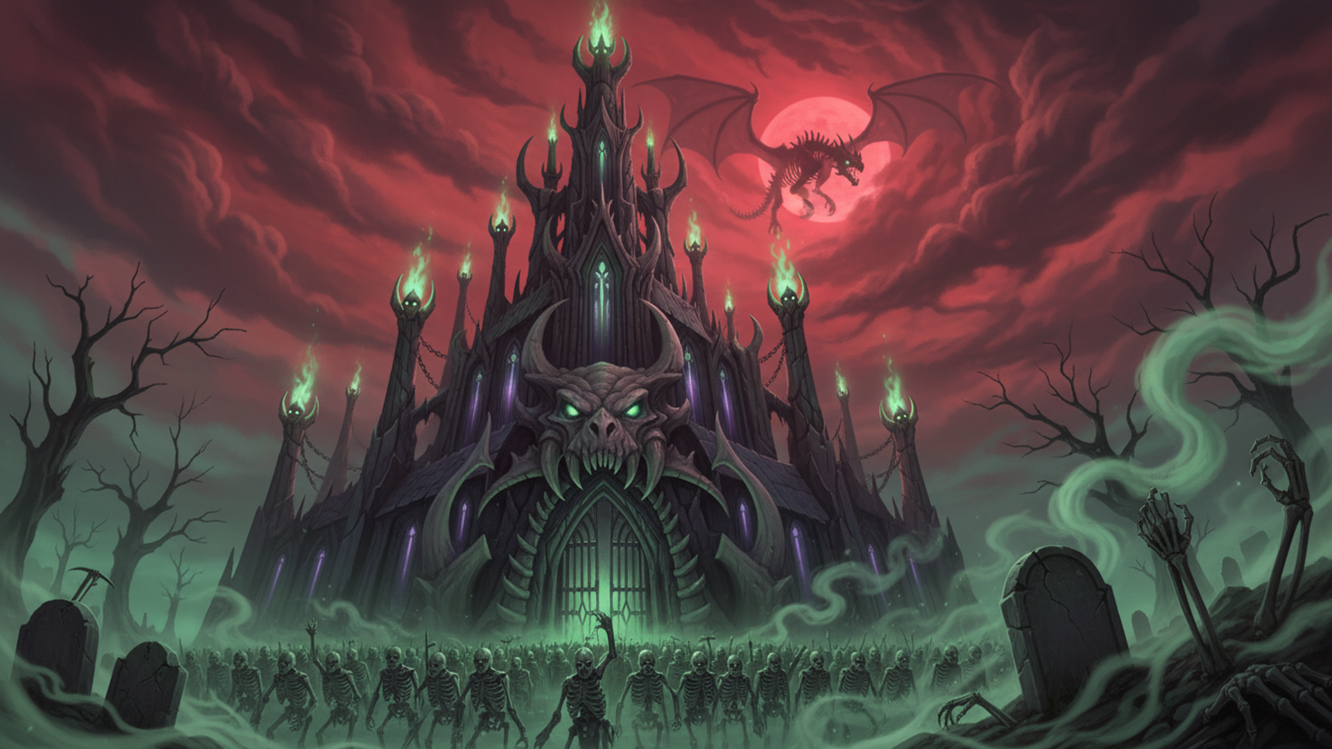 An undead necropolis under a red moon, a skeletal dragon overhead and ranks of skeletons marching out through green mist