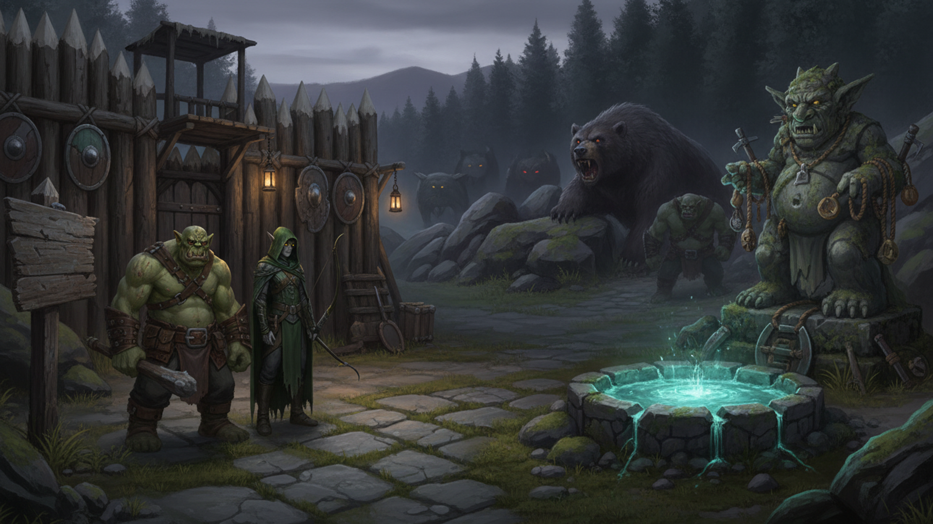A neutral holdfast at dusk: an ogre and a hooded ranger for hire beside a palisade, a bear and wolves prowling the rocks behind, and a glowing blue mana pool below a moss-covered troll statue