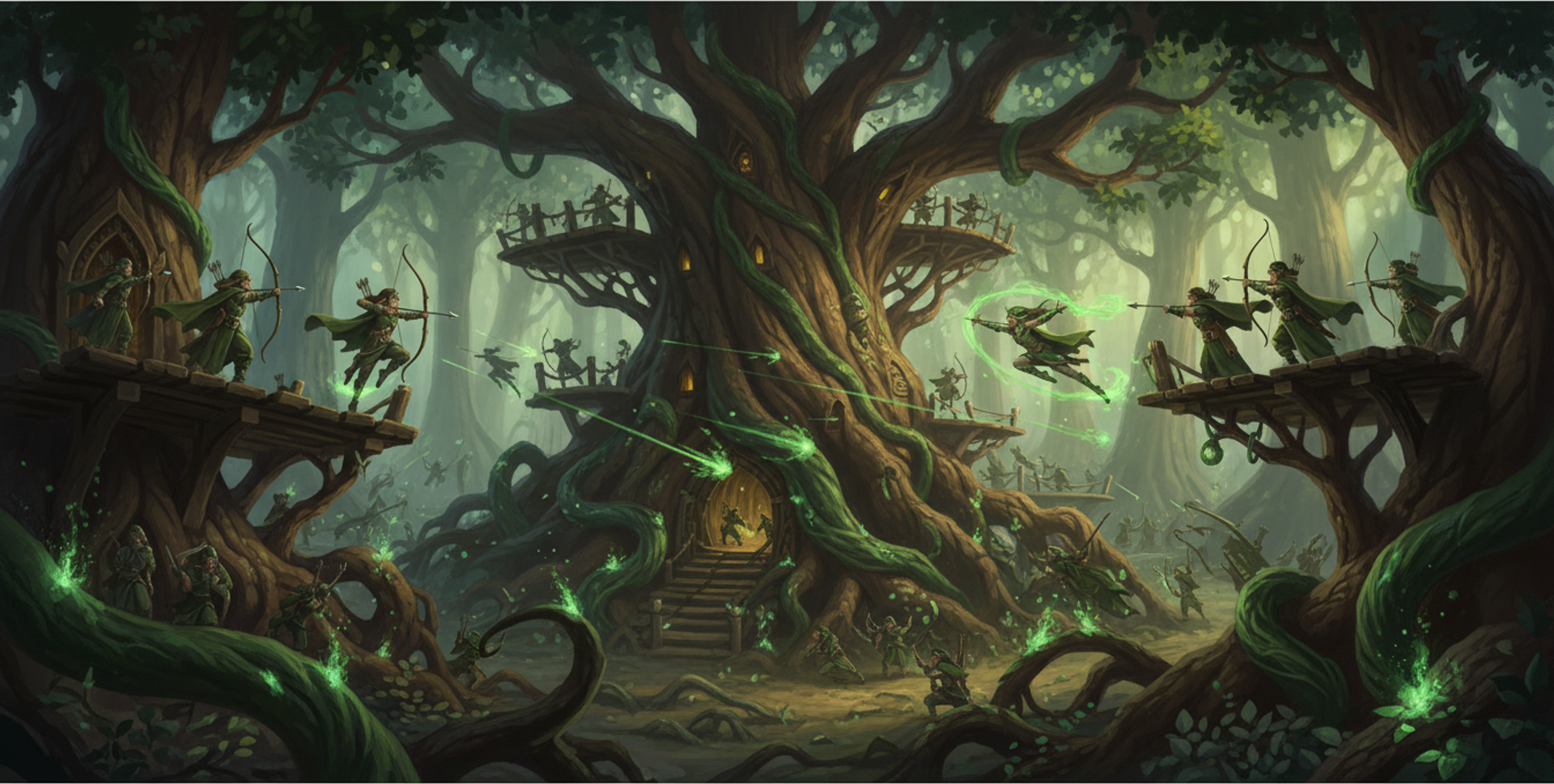 Wood elf archers firing from wooden platforms built into the branches of an enormous forest tree, green magic trailing from their arrows and glowing on the roots below