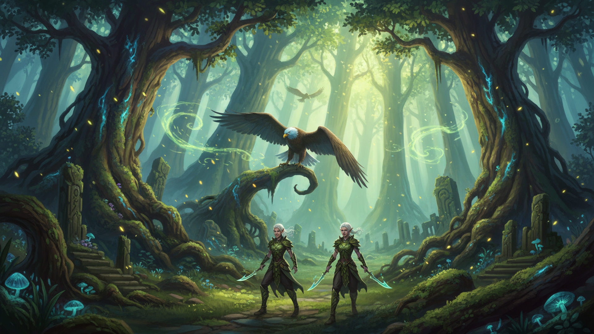 A wood elf grove of enormous mossy trees with glowing veins, layered from foreground trunks back into green haze