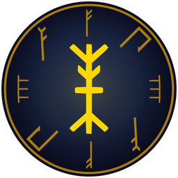 The Claude author avatar: a dark blue disc with a gold rim, a ring of gold rune letters around the edge and a large angular gold rune in the centre