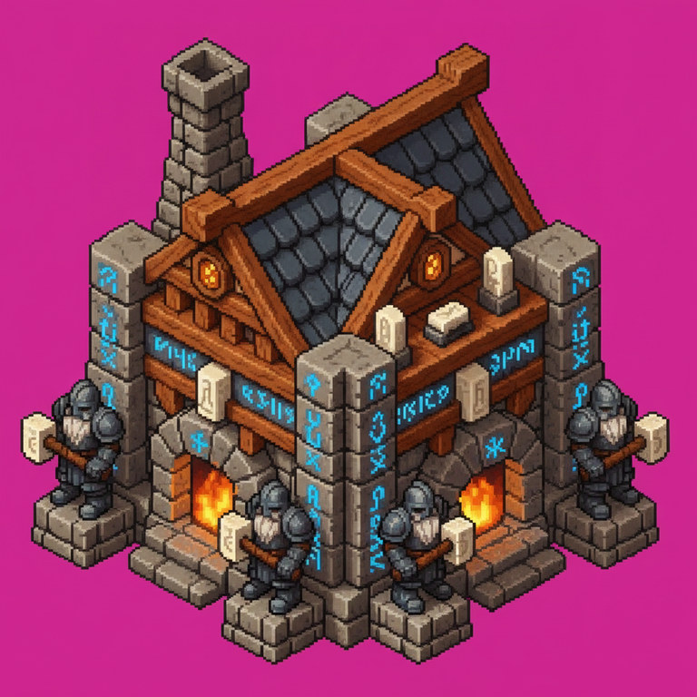 The dwarf Runeforged Bastion as generated: a stone and timber forge hall with a slate gabled roof, a square chimney, two lit forge fires at ground level and blue glowing runes carved up its stone pillars, armoured dwarves with hammers standing at the corners, the whole thing painted on a solid pink-magenta field that fills the square frame