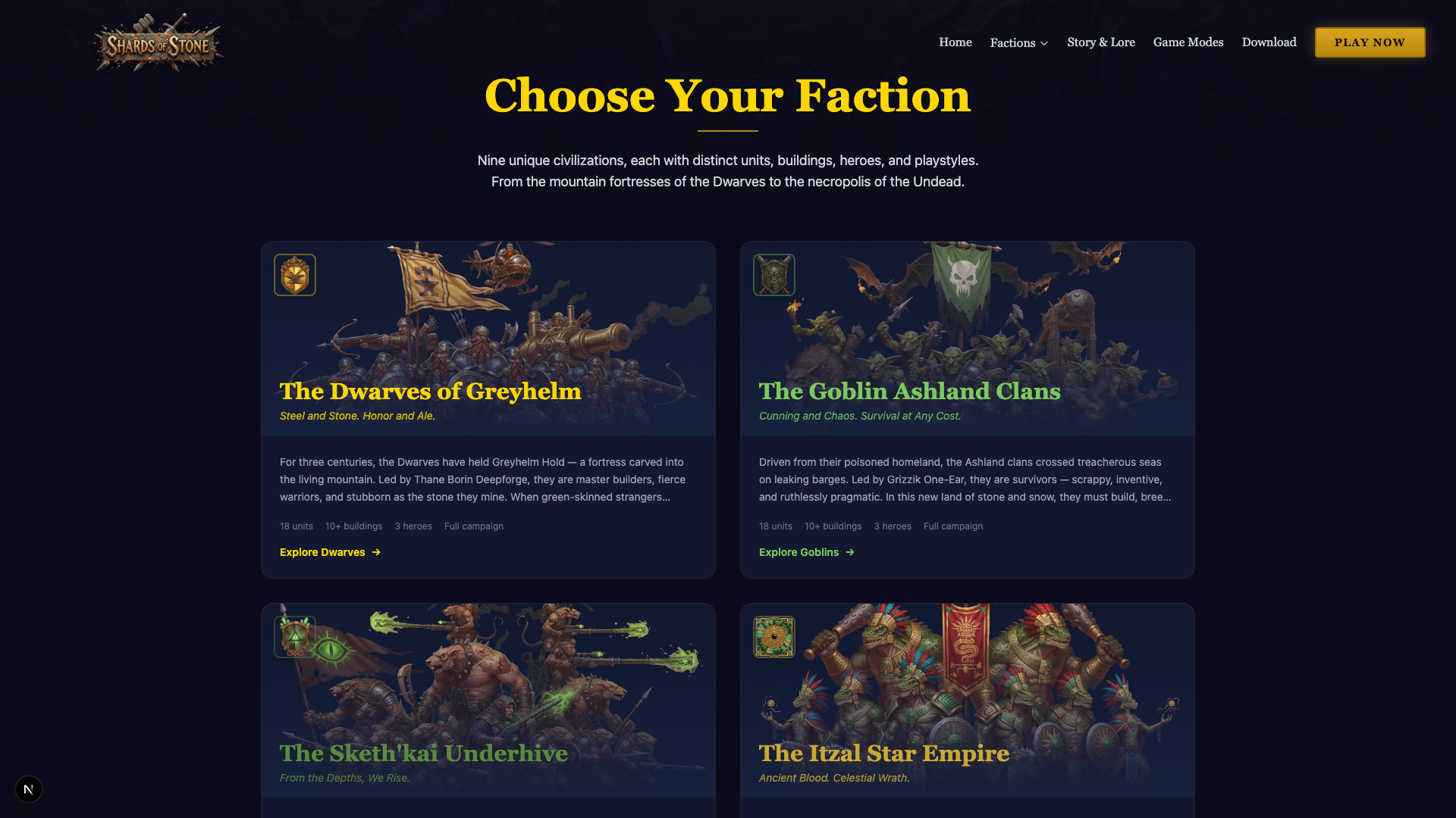 The Choose Your Faction page on the game site, showing card art and lore for the Dwarves of Greyhelm, the Goblin Ashland Clans, the Sketh'kai Underhive and the Itzal Star Empire
