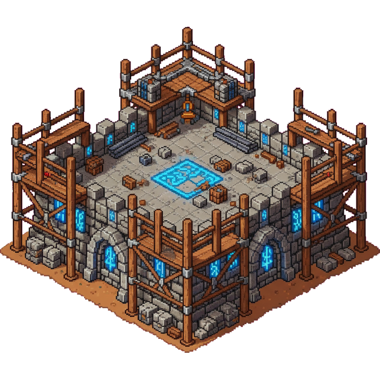 Stronghold construction stage one: a bare stone footprint on turned earth, ringed by timber scaffolding, with a rune circle glowing on the flagstones and crates and cut blocks lying about, no walls above waist height