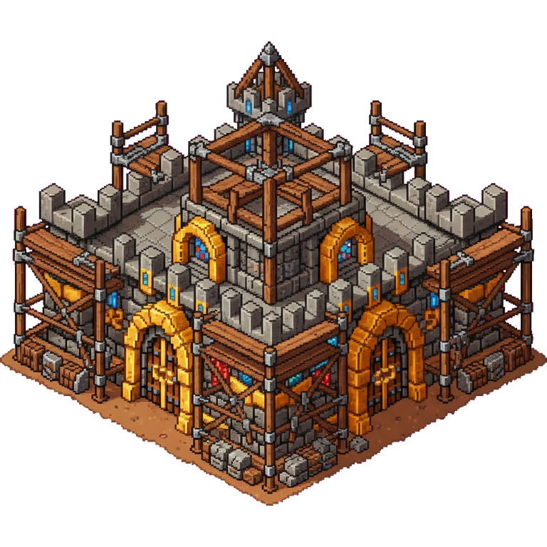 Stronghold construction stage two: the walls are up and the gold gate arches are in, but the roof and dome are missing, replaced by open timber roof framing, and scaffolding still surrounds the building