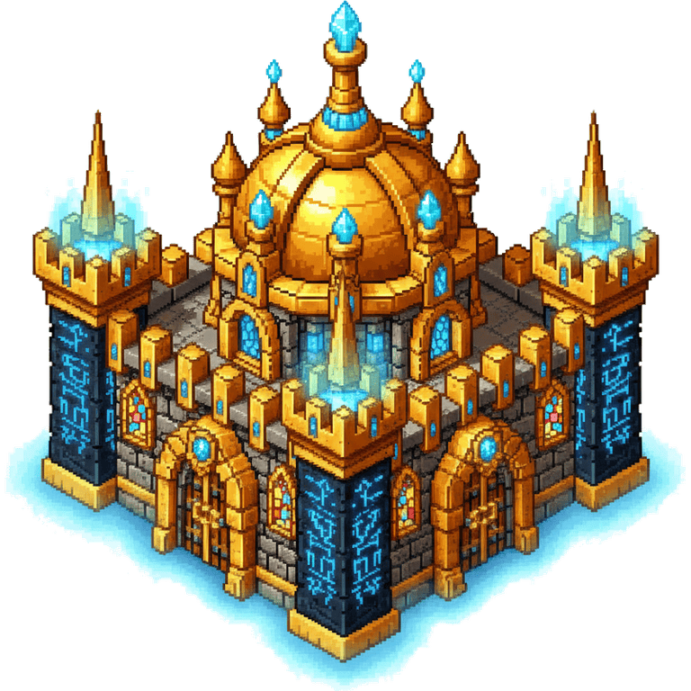 The Citadel: the same keep and dome again, mostly gold now, with glowing blue crystal finials on every spire, blue runes burning across dark wall panels and light spilling from the dome