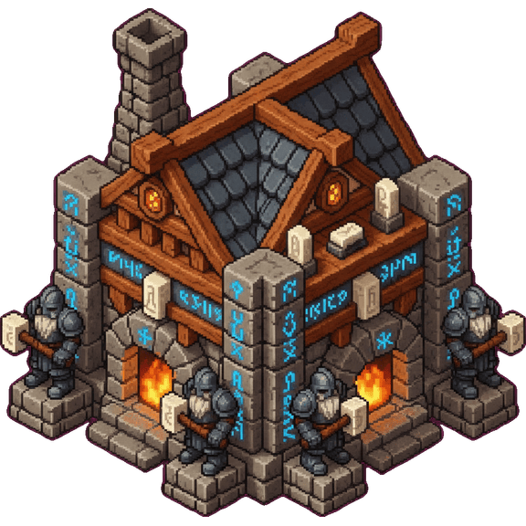 The same forge hall after processing: identical building, the magenta gone, trimmed tight to the stone and sitting on transparency with the checkerboard showing through around its corner statues