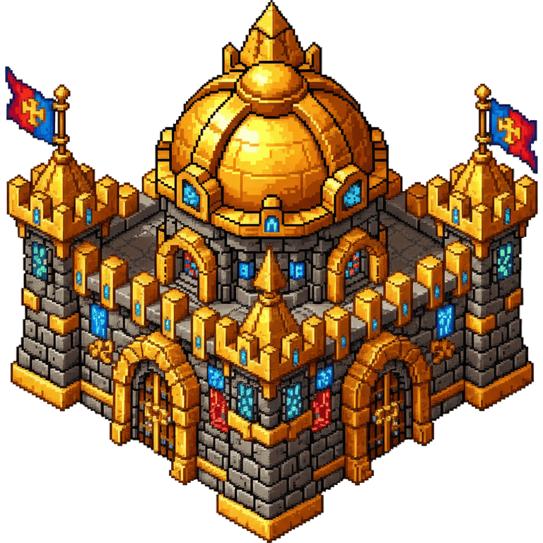 The Stronghold: the same keep and the same gold dome, now with far more gold banding on the walls, stained-glass windows, gold-capped corner turrets and two heraldic banners flying