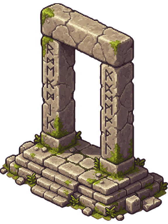 The Waygate sprite as generated: a grey rune-carved stone arch in three-quarter view with its doorway completely empty and transparent
