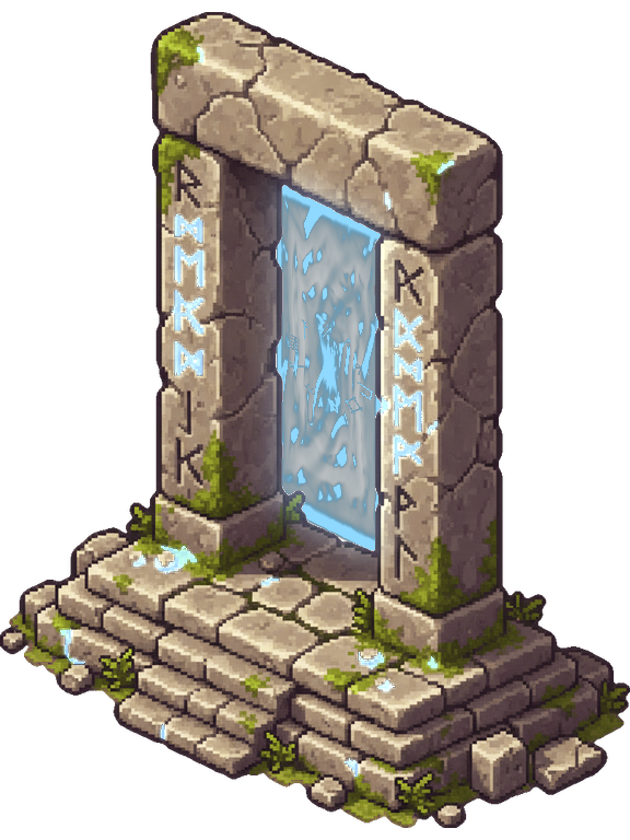 The same Waygate lit: identical stone, with a bright blue disc of light turning inside the doorway and the carved runes in the jambs glowing