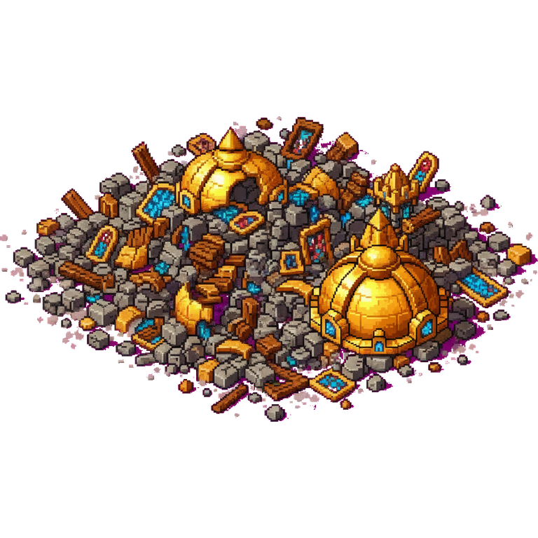 The Stronghold's rubble: a low spread of broken grey masonry and splintered timber, with the gold dome lying cracked and toppled among it and blue rune panels smashed flat