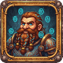 The dwarf LLM commander portrait: a bearded dwarf in gold-trimmed armour inside an ornate frame, ringed with glowing blue-green circuit runes