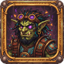 The goblin LLM commander portrait: a green-skinned goblin with a metal jaw plate and headset, in a purple and brass frame studded with glowing circuit nodes