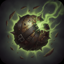 The Plague Bomb ability icon: a riveted iron sphere splitting at the seams with sickly green gas and spores pouring out of it