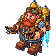 The dwarf ironjumper sprite: a bearded dwarf strapped into a brass steam-jet pack, twin blue exhaust plumes firing downward beneath him, a hand weapon in each fist