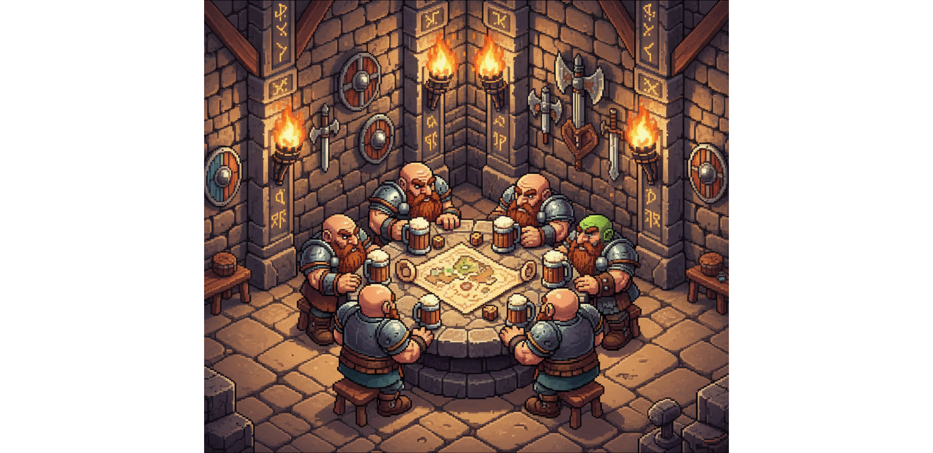 A dwarf war council in a torchlit stone hall, six captains and one green-skinned envoy around a round table with a map and tankards on it