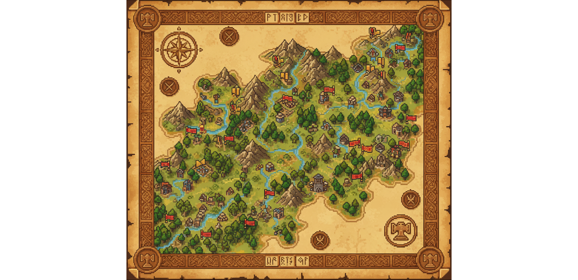 The dwarf campaign map: a parchment chart of the Ironveil mountains in a runic border, forests and rivers drawn in pixel art, with mission markers and red and gold banners planted across it