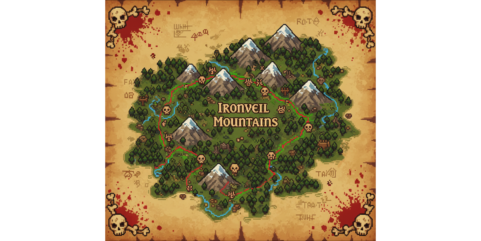 A parchment campaign map of the Ironveil Mountains: snow-capped peaks, pine forest, blue rivers and two marked routes threading between skull markers
